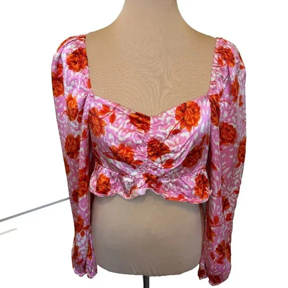 Topshop Rose Animal Print Satin Long Sleeve Crop Top Pink Red Size 8 #187 - Picture 2 of 11